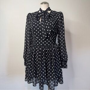Fashion Nova Black and White Polka Dot Tie-Neck Long Sleeve Dress